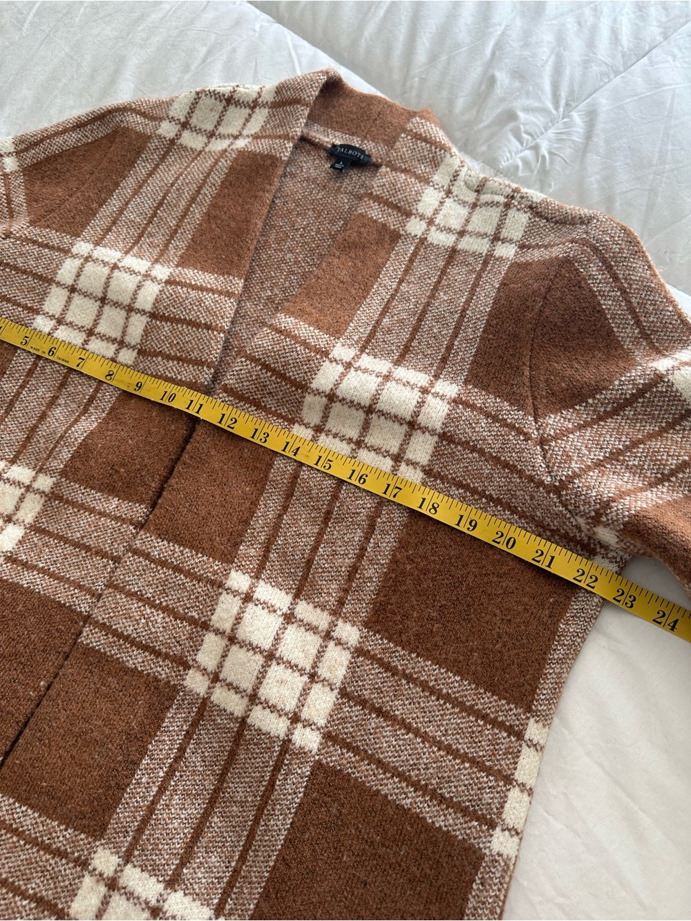 Talbots Plaid Open-Front Cardigan brown and cream size large - Picture 9 of 12